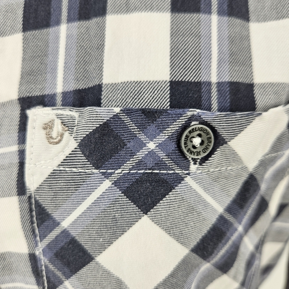 True Religion Utility Shirt Blue Plaid Long Sleeve Button Up Collared Top XS - Picture 3 of 8